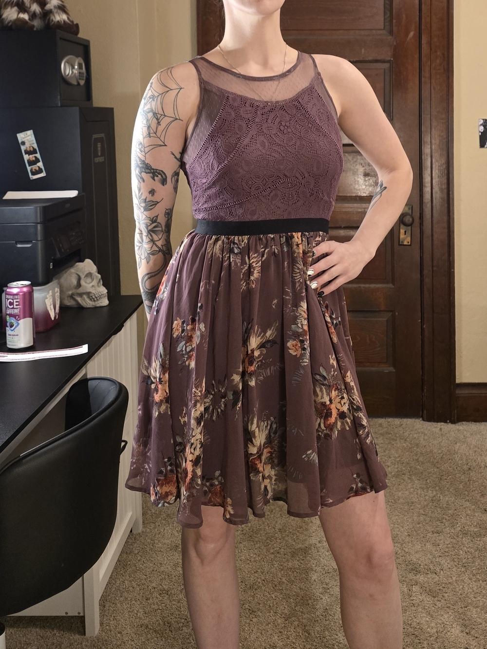 Xhilaration Plum Floral Lace Bodice Mini Dress